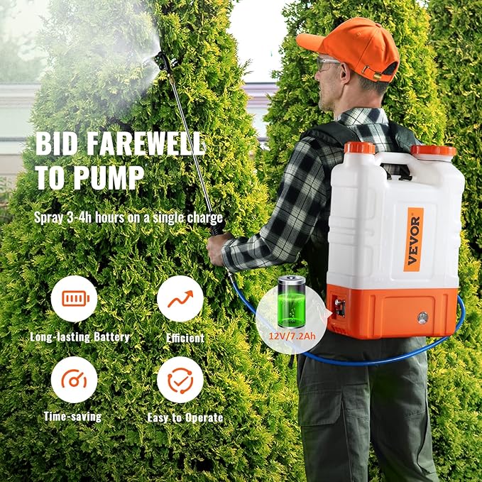 VEVOR 4 Gallon Battery Powered Backpack Sprayer with Wheeled Cart, Adjustable 0-94 PSI, 13FT Hose, 6 Nozzles, 2 Wands Included, Wide Mouth Lid for Weeding, Cleaning, Long Spray Time, White+Orange
