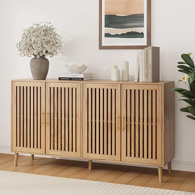 63" Long Sideboard Buffet with 4 Slatted Doors, Farmhouse Buffet Storage Cabinet with Adjustable Shelves, Coffee Bar Cabinet for Entryway, Kitchen, Dining Room, Living Room, Natural Oak