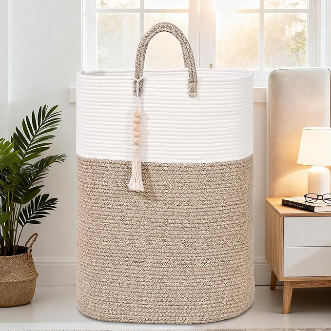 Woven Laundry Basket for Clothes, 50L Large Rectangle Laundry Hampers with Beads Tassel, Nursery Storage Basket for Toys, Tall Dirty Clothes Hamper for Bedroom Aesthetic, Laundry Room Organization