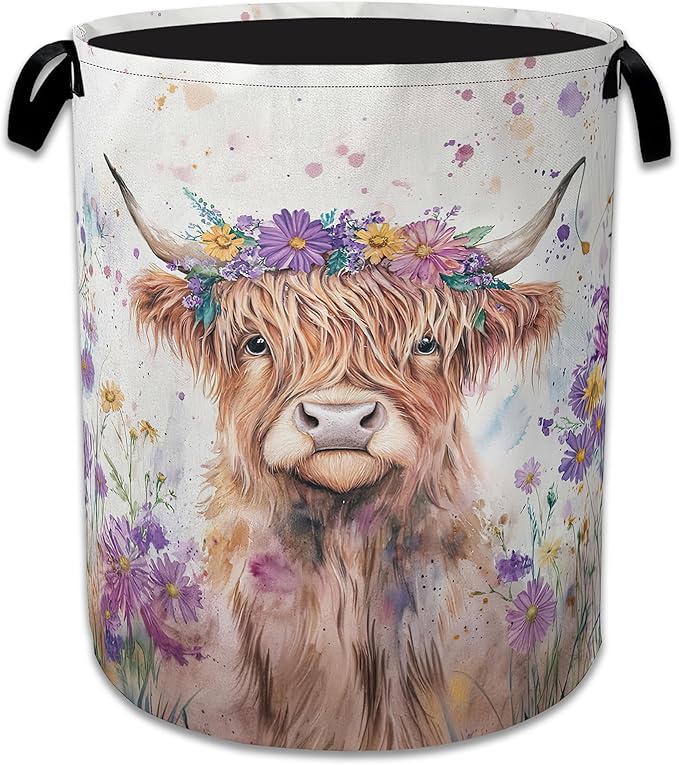 Highland Cow Laundry Basket,Foldable Oxford Cloth Flower Funny Laundry Hamper with Handles, 20.8"x16" Tote Bag Clothes Storage Bucket for Laundry Room/Bathroom/Bedroom/Dormitories