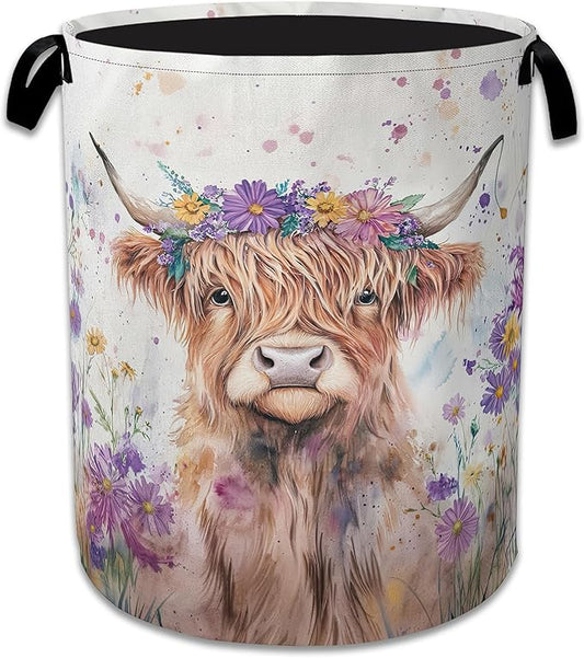 Highland Cow Laundry Basket,Foldable Oxford Cloth Flower Funny Laundry Hamper with Handles, 20.8"x16" Tote Bag Clothes Storage Bucket for Laundry Room/Bathroom/Bedroom/Dormitories