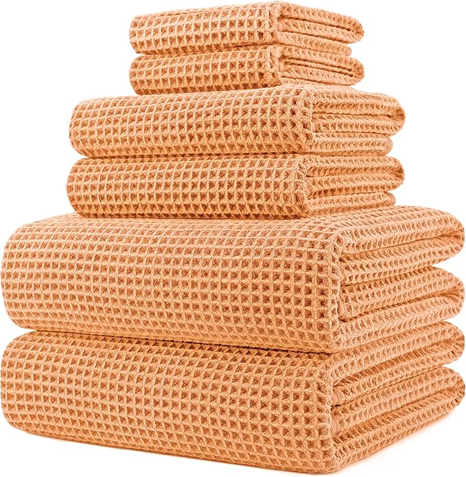 POLYTE Oversize, 60 x 30 in., Quick Dry Lint Free Microfiber Bath Towel Set, 6 Piece (Waffle Weave)