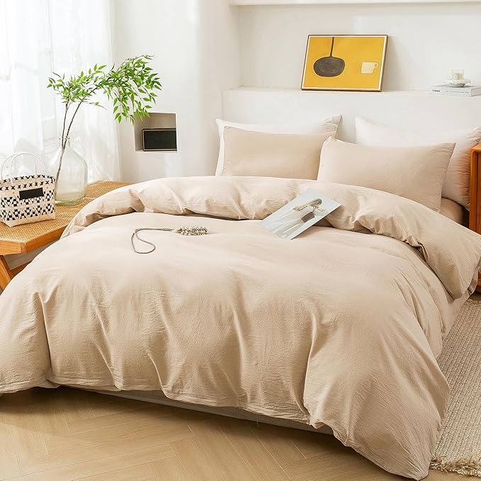 ECOCOTT Duvet Cover King Size, 100% Washed Cotton 1 Duvet Cover with Zipper and 2 Pillowcases, Ultra Soft and Easy Care Breathable Cozy Simple Style Bedding Set(Khaki, King)