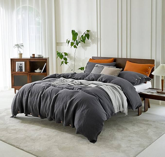 EVERLY100% Pure Linen Duvet Cover Set King Size 104X90Inch 3pcs (1 Duvet Cover,2 Pillowcases) Soft and Breathable for All Season with Coconut Button Closure, Suitable for Hot Sleepers-Dark Grey-King