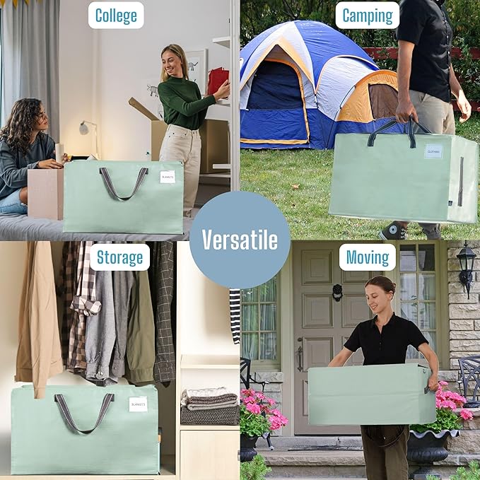 VENO 10 Pack Moving and Storage Bags, Heavy Duty, Alternative to Moving Boxes, Large Packing Totes Supplies for College Dorm Room with Zipper for Clothes, Wide Open Design (Shiny Light Green, 10 Pack)