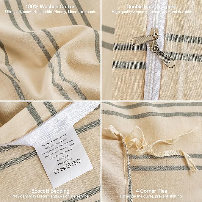 ECOCOTT Duvet Cover Twin Size - Linen Feel Organic Natural 100% Washed Cotton, Soft Breathable & Durable Bedding Set, Comfy Stripe Design for All Seasons