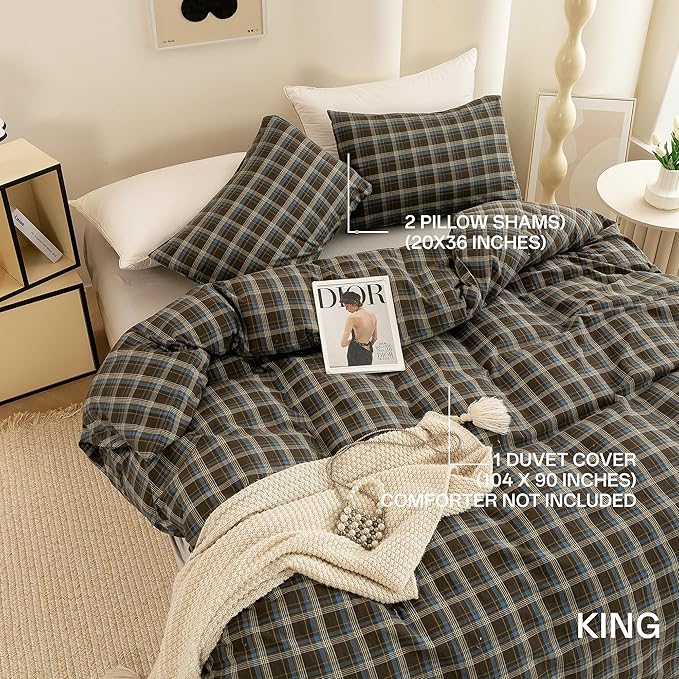 ECOCOTT Buffalo Plaid Duvet Cover King Size – 3 Piece Washed Cotton Brown & Blue Bedding Set, Soft & Breathable, Reversible Checkered Design with Zipper Closure & Corner Ties