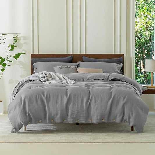 EVERLY 100% Pure Linen Duvet Cover Set King Size 104X90Inch 3pcs (1 Duvet Cover,2 Pillowcases) Soft and Breathable for All Season with Coconut Button Closure, Suitable for Hot Sleepers-Grey