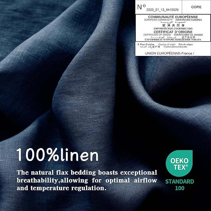 EVERLY100% Pure Linen Duvet Cover Set Queen Size90X90Inch 3pcs (1 Duvet Cover,2 Pillowcases) Soft and Breathable for All Season with Coconut Button Closure, Suitable for Hot Sleepers-Navy Blue