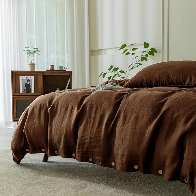 EVERLY 100% Pure Linen Duvet Cover Set Twin Size 68X90Inch 2pcs (1 Duvet Cover,1Pillowcases) Soft and Breathable for All Season with Coconut Button Closure, Suitable for Hot Sleepers-Chocolate