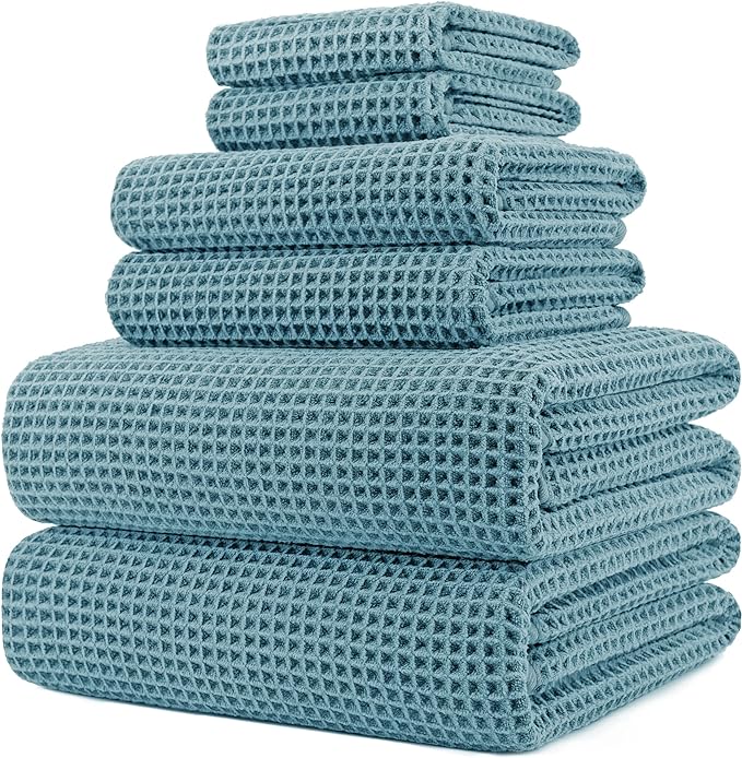 POLYTE Oversize, 60 x 30 in., Quick Dry Lint Free Microfiber Bath Towel Set, 6 Piece (Waffle Weave)
