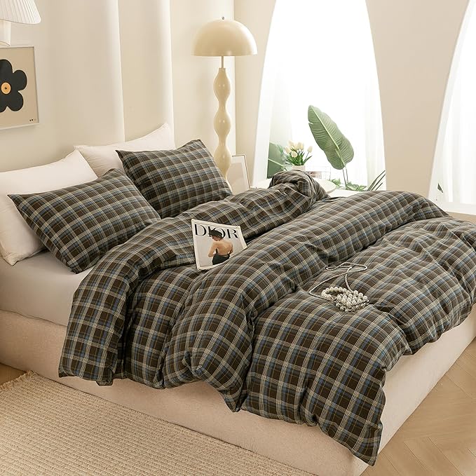 ECOCOTT Buffalo Plaid Duvet Cover King Size – 3 Piece Washed Cotton Brown & Blue Bedding Set, Soft & Breathable, Reversible Checkered Design with Zipper Closure & Corner Ties