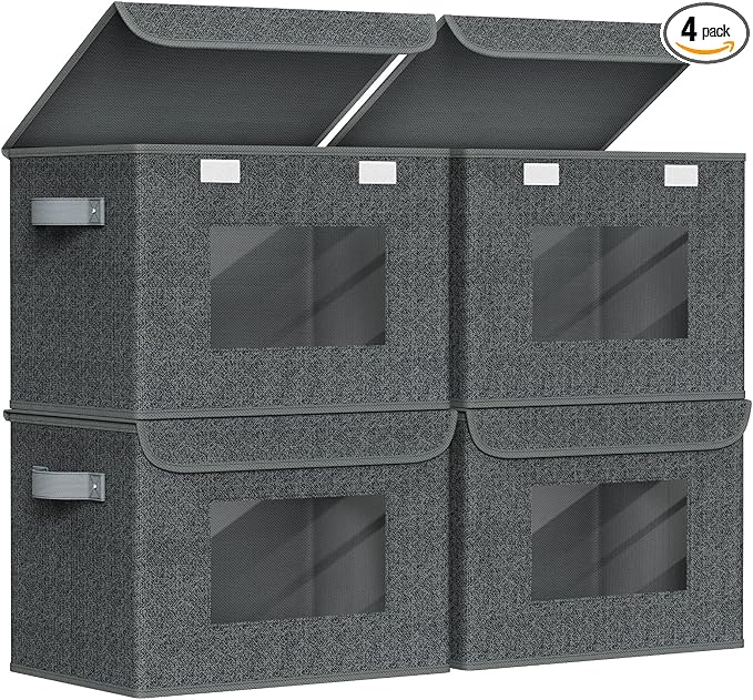 Univivi Fabric Foldable Storage Boxes with Lids [4-Pack] Large Stackable Storage Bins, Closet Organizers and Storage Cube Storage Organizer for Home, Office, Bedroom (Black, 17“ x 12” x 12")