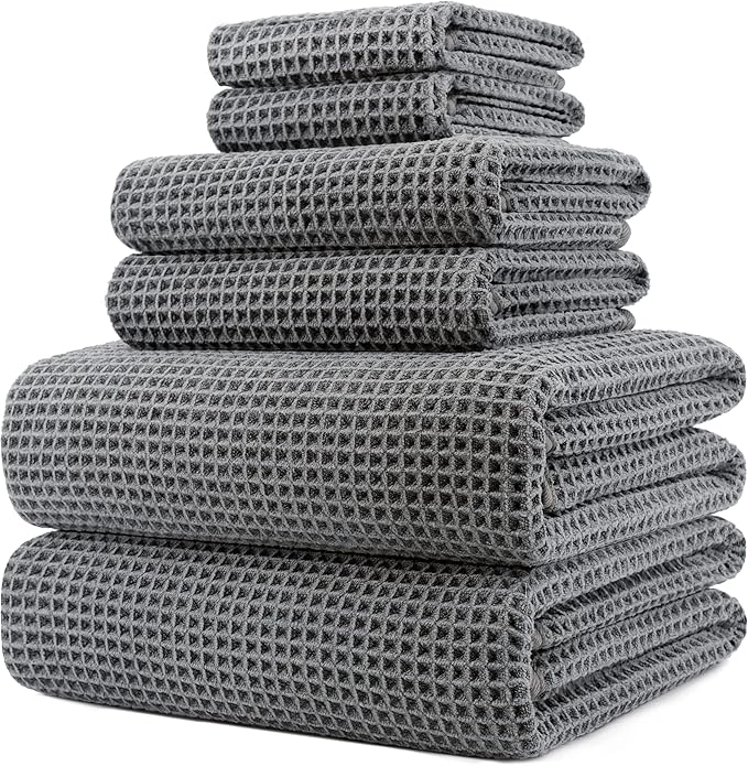 POLYTE Oversize, 60 x 30 in., Quick Dry Lint Free Microfiber Bath Towel Set, 6 Piece (Waffle Weave)