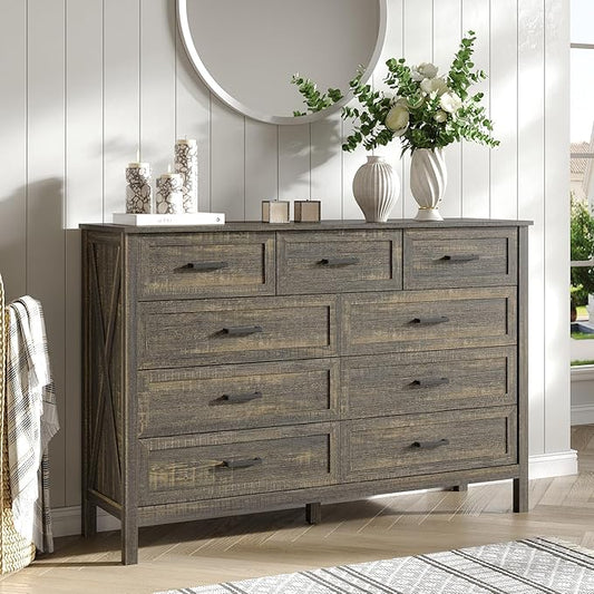 55 Inch Farmhouse 9 Drawers Dresser for Bedroom, Wood Rustic Wide Chest with Natural Texture, Large Tall Dressers for Bedroom, Hallway, Entryway, Dark Brown
