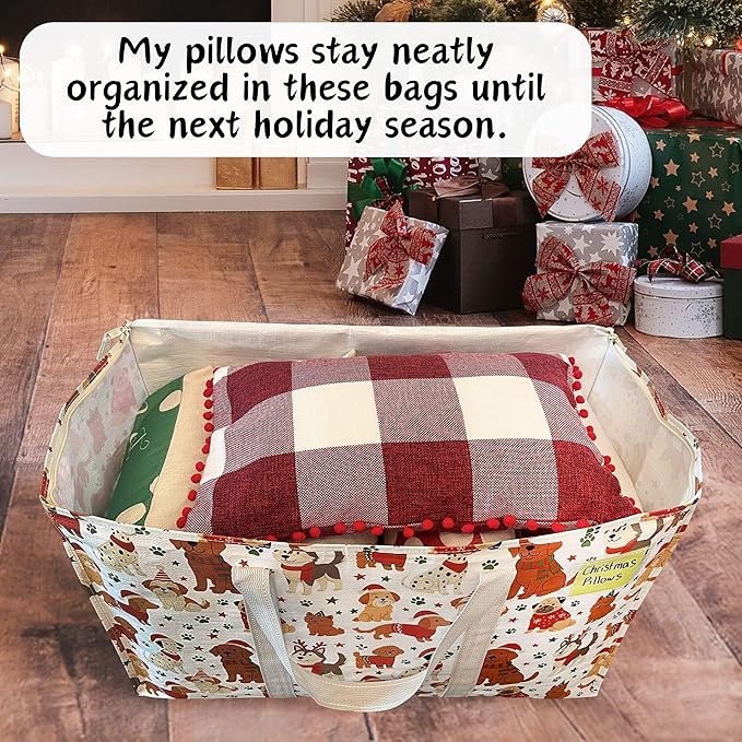 VENO 4 Pack Moving Bags and Large Christmas Storage Bins with lids. Alternative to Moving Boxes, Packing Supplies for College. Extra Large Heavy Duty Totes for Packaging (Holiday Pups, 4 Pack)