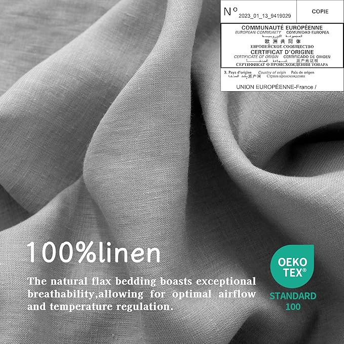 EVERLY 100% Pure Linen Duvet Cover Set King Size 104X90Inch 3pcs (1 Duvet Cover,2 Pillowcases) Soft and Breathable for All Season with Coconut Button Closure, Suitable for Hot Sleepers-Grey