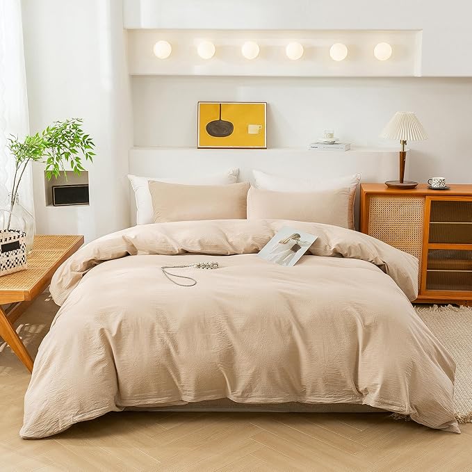 ECOCOTT Duvet Cover Queen Size, 100% Washed Cotton 1 Duvet Cover with Zipper and 2 Pillowcases, Ultra Soft and Easy Care Breathable Cozy Simple Style Bedding Set(Queen, Khaki)