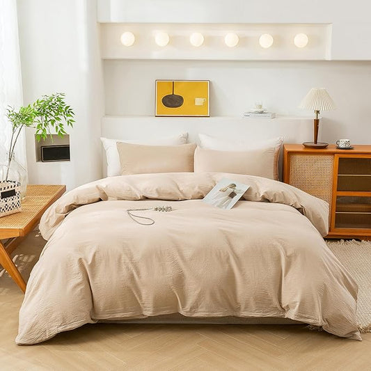 ECOCOTT Duvet Cover Queen Size, 100% Washed Cotton 1 Duvet Cover with Zipper and 2 Pillowcases, Ultra Soft and Easy Care Breathable Cozy Simple Style Bedding Set(Queen, Khaki)