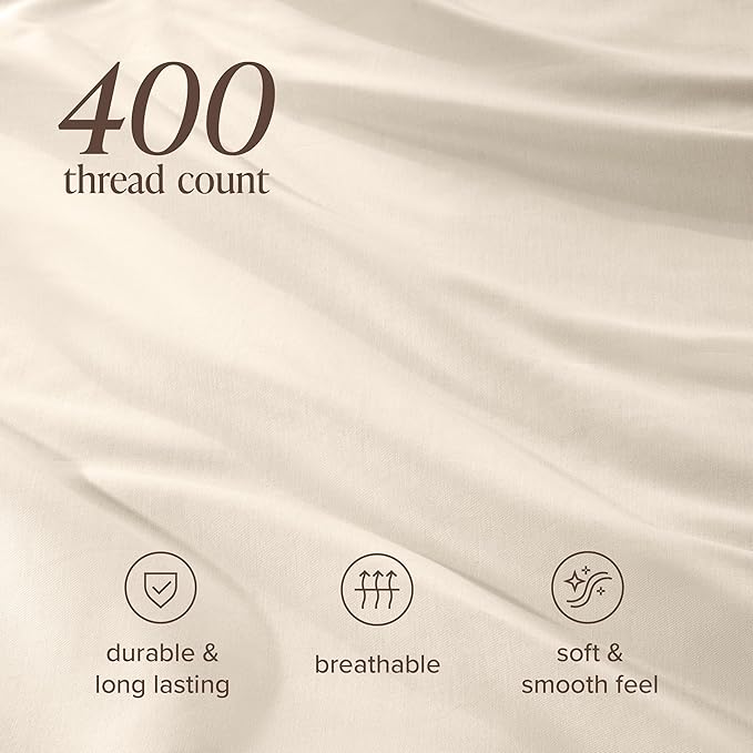 Bare Home 100% Organic Cotton Sateen Duvet Cover Set - Full/Queen Size - 400 Thread Count - Smooth Sateen Weave - Warm & Luxurious - Duvet Cover (Queen, French Beige)