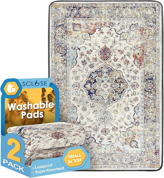 Washable Pee Pads for Dogs 2 Pack, 36" x 24" Reusable Puppy Pads Waterproof, Super Absorbent Dog Rugs, Leakproof, Dog Crate Pad, Playpen Mat, Whelping Pads, Vintage Medallion