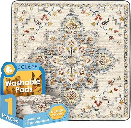Washable Pee Pad for Dogs Extra Large, 72" x 72" Reusable Puppy Pads Waterproof Dog Rugs, Super Absorbent, Leakproof, Dog Crate Pad, Playpen Mat, Whelping Pads, White Medallion