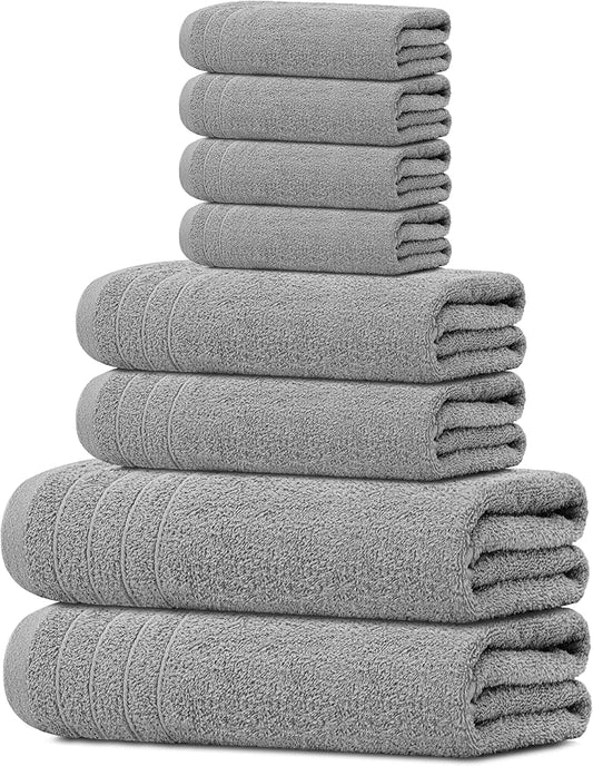 Tens Towels Pack of 8 Towels Set, 2 Extra Large Bath, 2 Hand, 4 Washcloths, 100% Cotton, Lighter Weight, Quicker to Dry, Super Absorbent, Perfect for Bathroom, Cool Grey