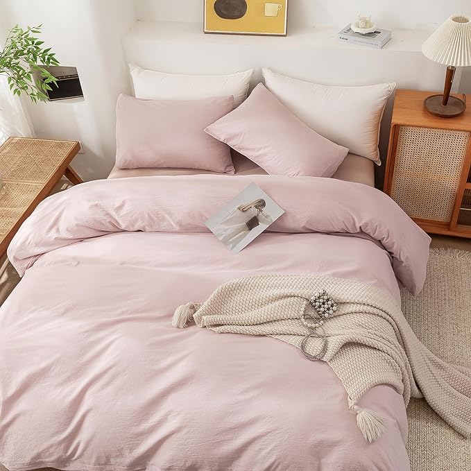 ECOCOTT Duvet Cover Set, 100% Washed Cotton Linen-Like Soft & Breathable, Durable Comfy Bedding Set for All Seasons (Greyish Pink, California King)