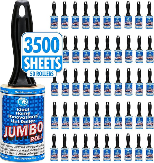 Jumbo Lint Rollers - Extra Sticky Pet Hair Remover for Clothes, Carpet, Furniture & Car - Dog/Cat Hair Lint Remover - 50 Rolls, 3500 Sheets - Easy Peel, Made in USA