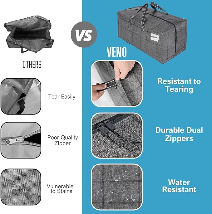 VENO 4 Pack Moving Bags w/Backpack Straps, Heavy Duty, Moving Boxes Alternative, Packing Supplies, Large Storage Totes for Dorm Room Essentials with Zipper for Clothes (Windowpane, 4 Pack)