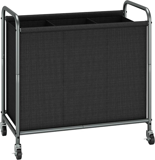 STORAGE MANIAC Rolling Laundry Hamper, 165L Laundry Basket with Lockable Wheels, Triple Clothes Sorter Cart, 3 Bag Clothes Separator Hamper for Closet, Bathroom, Laundrys Room, 3 Section Black