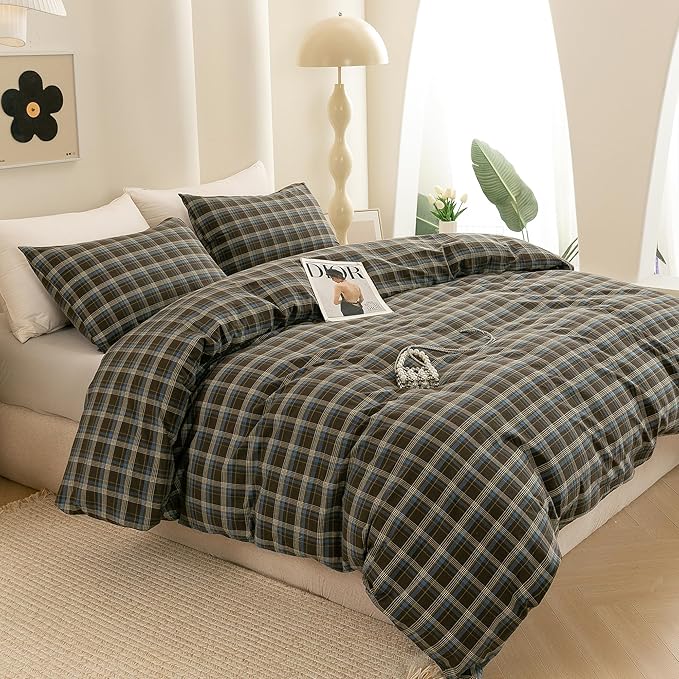 ECOCOTT Buffalo Plaid Duvet Cover King Size – 3 Piece Washed Cotton Brown & Blue Bedding Set, Soft & Breathable, Reversible Checkered Design with Zipper Closure & Corner Ties