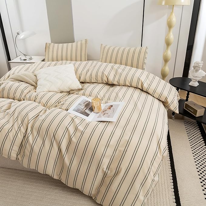 ECOCOTT Duvet Cover Oversized King Size - Linen Feel Organic Natural 100% Washed Cotton, Soft Breathable & Durable Bedding Set, Comfy Stripe Design for All Seasons