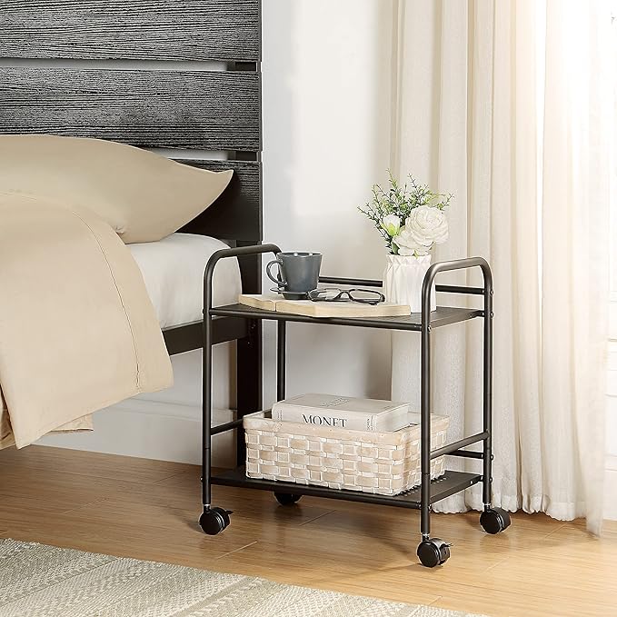 SunnyPoint 2-Tier Metal Rolling Utility Cart – Mobile Storage Shelf with Caster Wheels – Small Space Organizer for Home, Office, Bedroom, Kitchen (BLK)