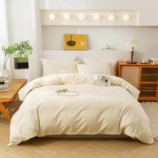 ECOCOTT Duvet Cover King Size - 3 Piece 100% Washed Cotton Bedding Set, Soft & Breathable with Zipper Closure 8 Corner Ties - Comfortable and Stylish for All Seasons (Cream)