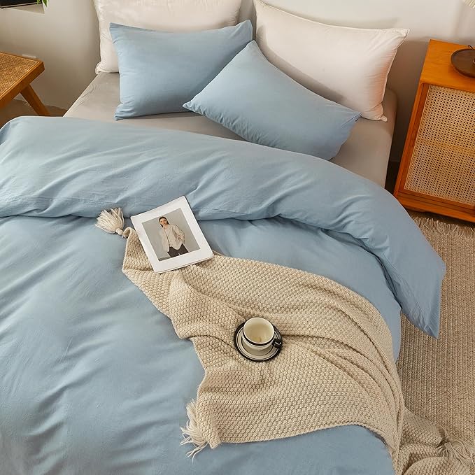 ECOCOTT 100% Washed Cotton Duvet Cover Twin Size – Soft & Breathable Linen Feel Bedding Set, 3 Pieces Light Blue Comforter Cover with Zipper Closure for All Seasons