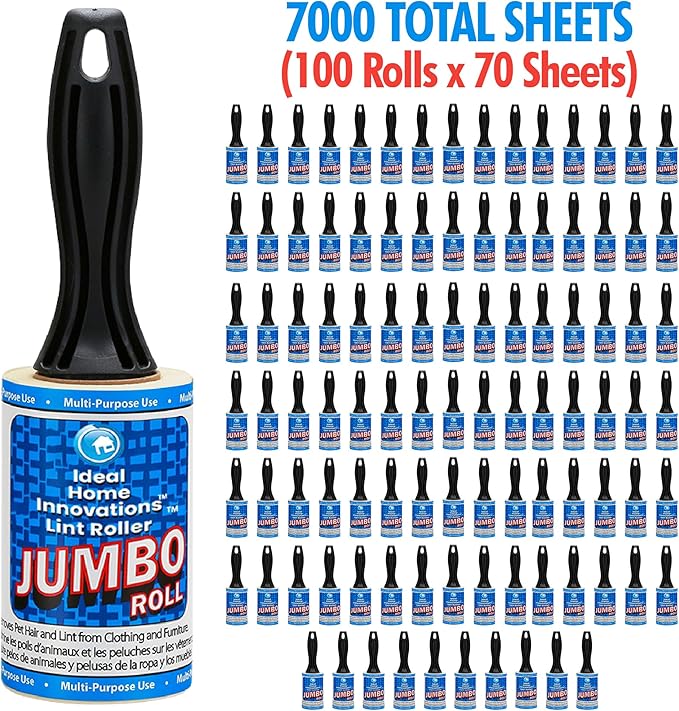 Jumbo Lint Rollers - Extra Sticky Pet Hair Remover for Clothes, Carpet, Furniture & Car - Dog/Cat Hair Lint Remover - 100 Rolls, 7000 Sheets - Easy Peel, Made in USA