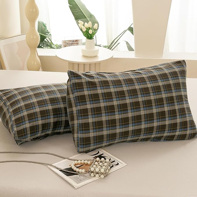 ECOCOTT Buffalo Plaid Duvet Cover King Size – 3 Piece Washed Cotton Brown & Blue Bedding Set, Soft & Breathable, Reversible Checkered Design with Zipper Closure & Corner Ties