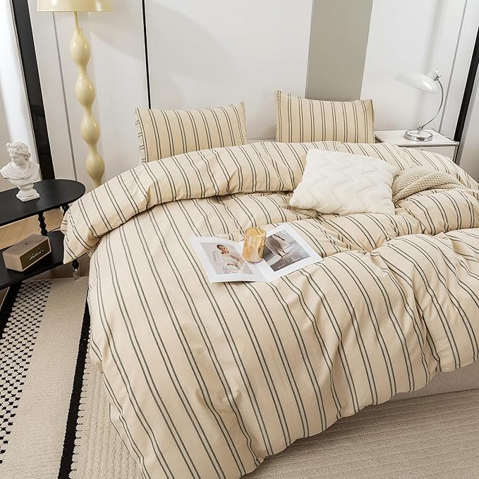 ECOCOTT Duvet Cover Oversized King Size - Linen Feel Organic Natural 100% Washed Cotton, Soft Breathable & Durable Bedding Set, Comfy Stripe Design for All Seasons