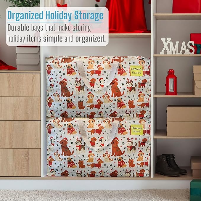 VENO 2 Pack Moving Bags and Large Christmas Decoration Storage Bins with lids. Alternative to Moving Boxes, Packing Supplies for College. Heavy Duty Totes (Holiday Pups, 2 Pack)