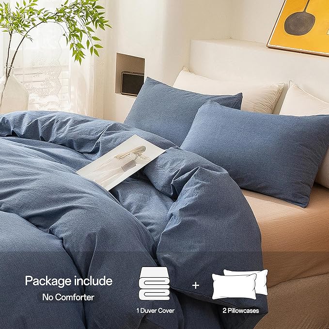 ECOCOTT Denim Blue Duvet Cover Queen Size, 100% Washed Cotton 1 Duvet Cover with Zipper and 2 Pillowcases, Ultra Soft and Easy Care Breathable Cozy Bedding Set (Denim Blue, Queen)