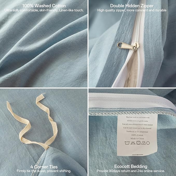 ECOCOTT 100% Washed Cotton Duvet Cover Twin Size – Soft & Breathable Linen Feel Bedding Set, 3 Pieces Light Blue Comforter Cover with Zipper Closure for All Seasons