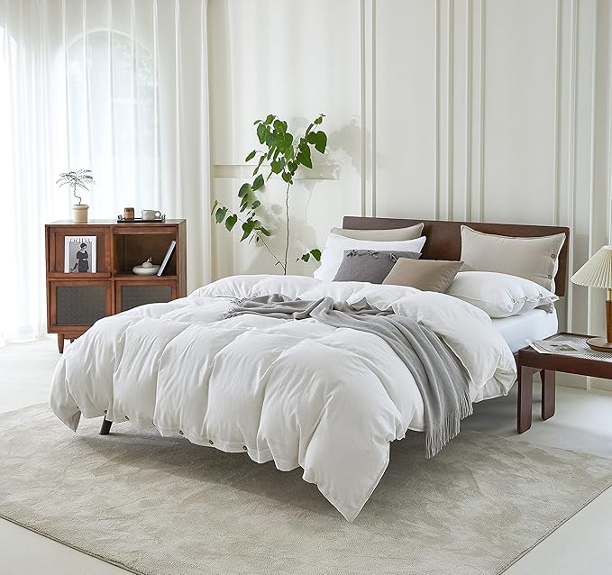 EVERLY 100% Pure Linen Duvet Cover Set Queen Size 90X90Inch 3pcs (1 Duvet Cover,2 Pillowcases) Soft and Breathable for All Season with Coconut Button Closure, Suitable for Hot Sleepers-White-Queen
