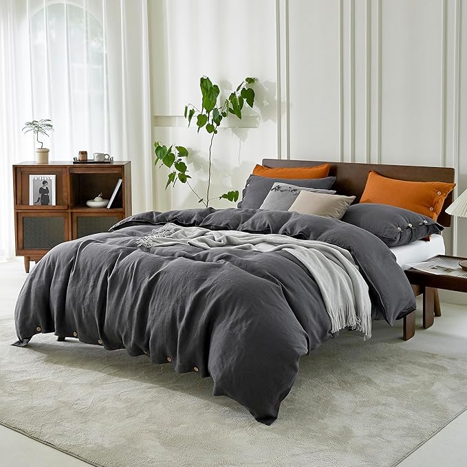 EVERLY 100% Pure Linen Duvet Cover Set Oversized King120X98Inch 3pcs (1 Duvet Cover,2 Pillowcases) Soft and Breathable for All Season with Coconut Button Closure, Suitable for Hot Sleepers-Dark Grey