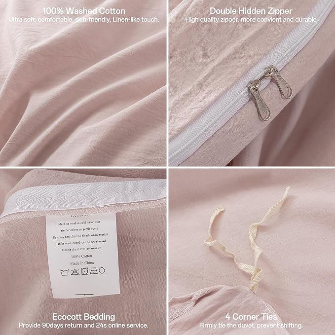 ECOCOTT Duvet Cover Set, 100% Washed Cotton Linen-Like Soft & Breathable, Durable Comfy Bedding Set for All Seasons (Greyish Pink, California King)