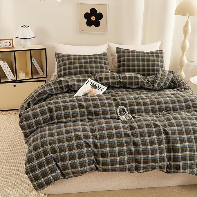 ECOCOTT Buffalo Plaid Duvet Cover King Size – 3 Piece Washed Cotton Brown & Blue Bedding Set, Soft & Breathable, Reversible Checkered Design with Zipper Closure & Corner Ties