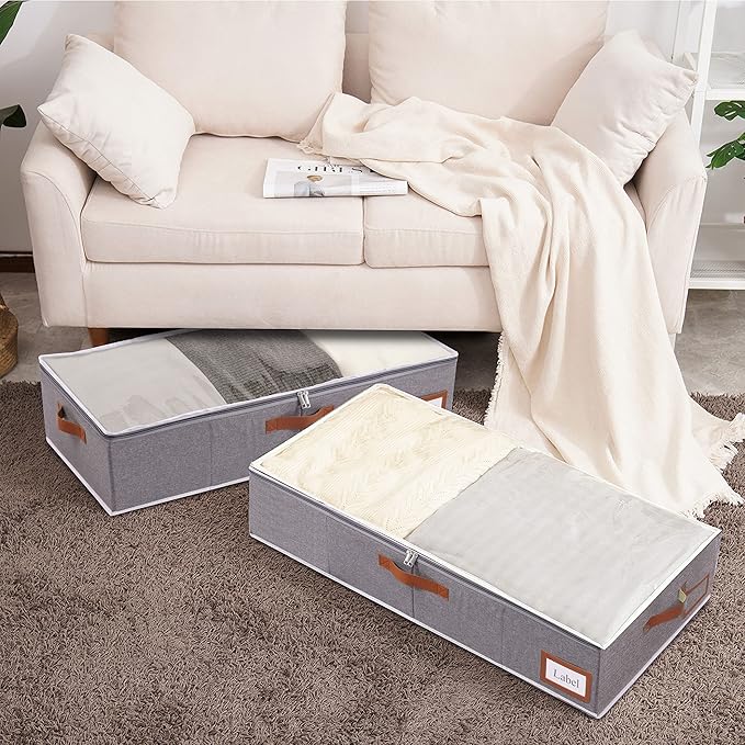 Yawinhe Under Bed Storage Containers, 4 Pack, Bin with Lids, Collapsible Closet Organizers, with Sorting Card Slot and 4 Leather Handles, for Blanket, Bedding, 31.5''Lx15.7''Wx6''H, Grey