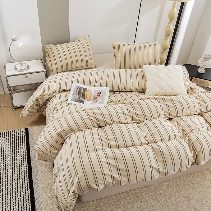 ECOCOTT Duvet Cover Oversized King Size - Linen Feel Organic Natural 100% Washed Cotton, Soft Breathable & Durable Bedding Set, Comfy Stripe Design for All Seasons