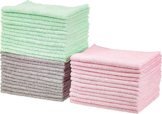 Amazon Basics Microfiber Cleaning Cloths, Non-Abrasive, Reusable and Washable, Pack of 36, Green/Gray/Pink, 16" x 12"