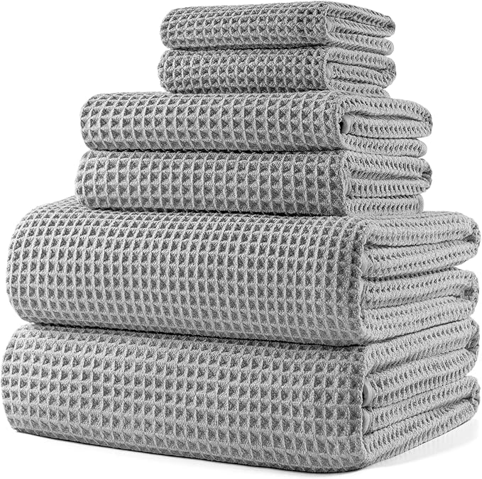 POLYTE Oversize, 60 x 30 in., Quick Dry Lint Free Microfiber Bath Towel Set, 6 Piece (Waffle Weave)